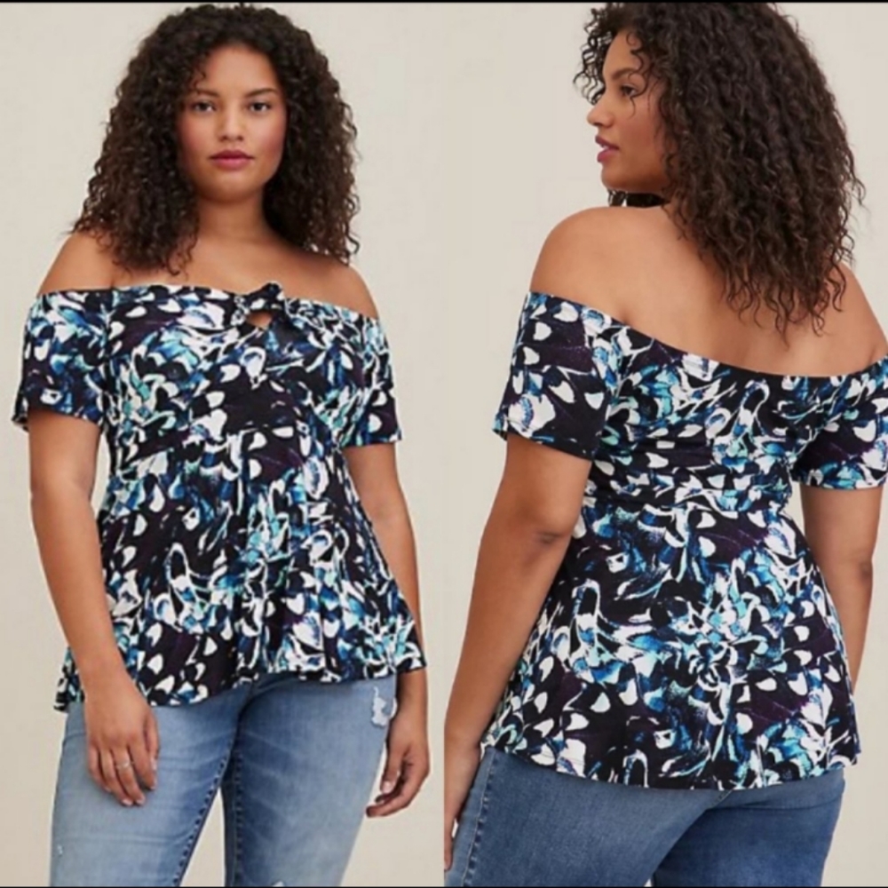 NWT TORRID 5X SUPER SOFT TIE- FRONT ON OR OFF-SHOULDER PEPLUM TOP-FLORAL SIZE …